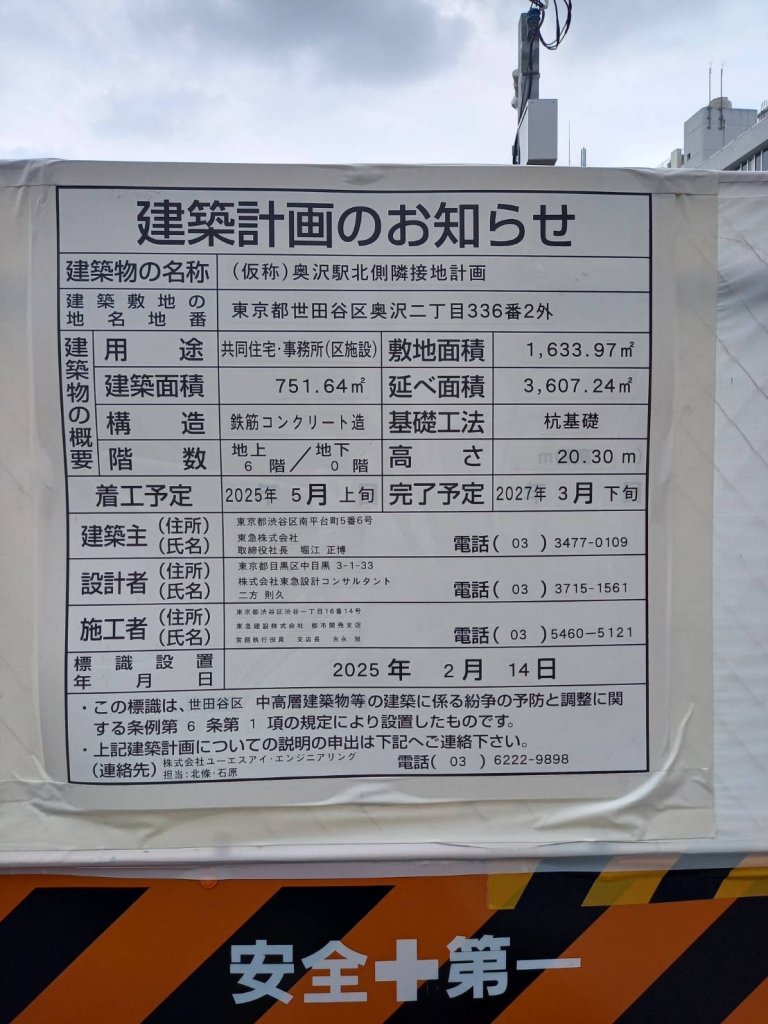 (仮称)奥沢駅北側隣接地計画 建築看板写真(2025年5月26日撮影)