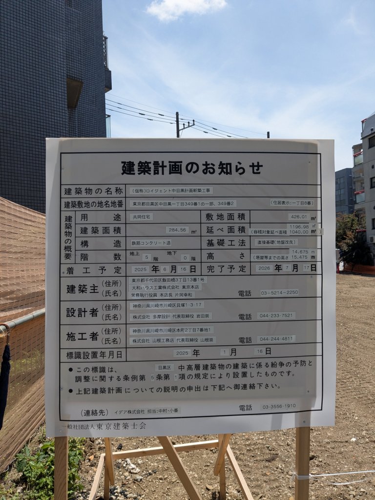 (仮称)ロイジェント中目黒計画新築工事 建築看板写真(2025年5月28日撮影)