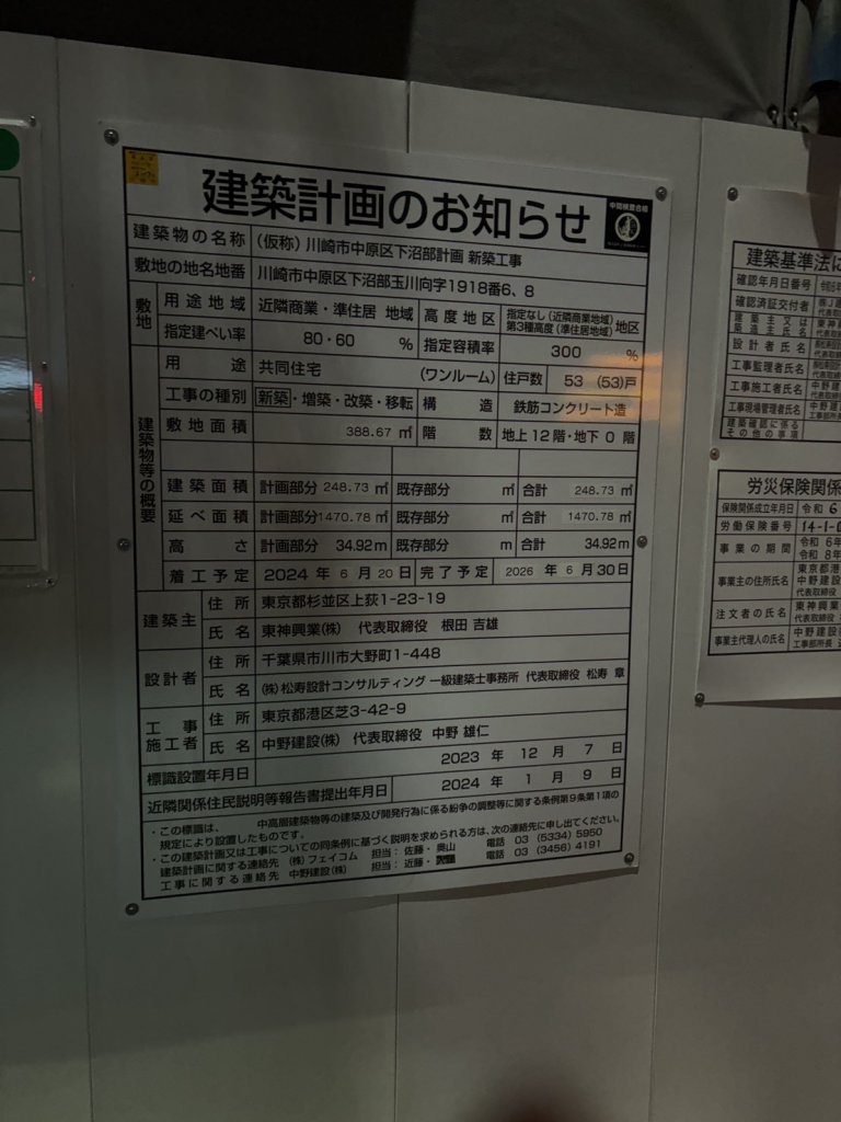 (仮称)川崎市中原区下沼部計画 新築工事 建築看板写真(2025年6月6日撮影)