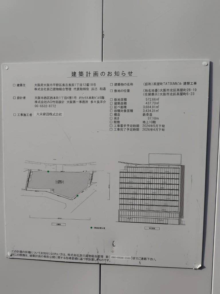 (仮称)茶屋町TATSUMIビル 建替工事 建築看板写真(2025年6月8日撮影)