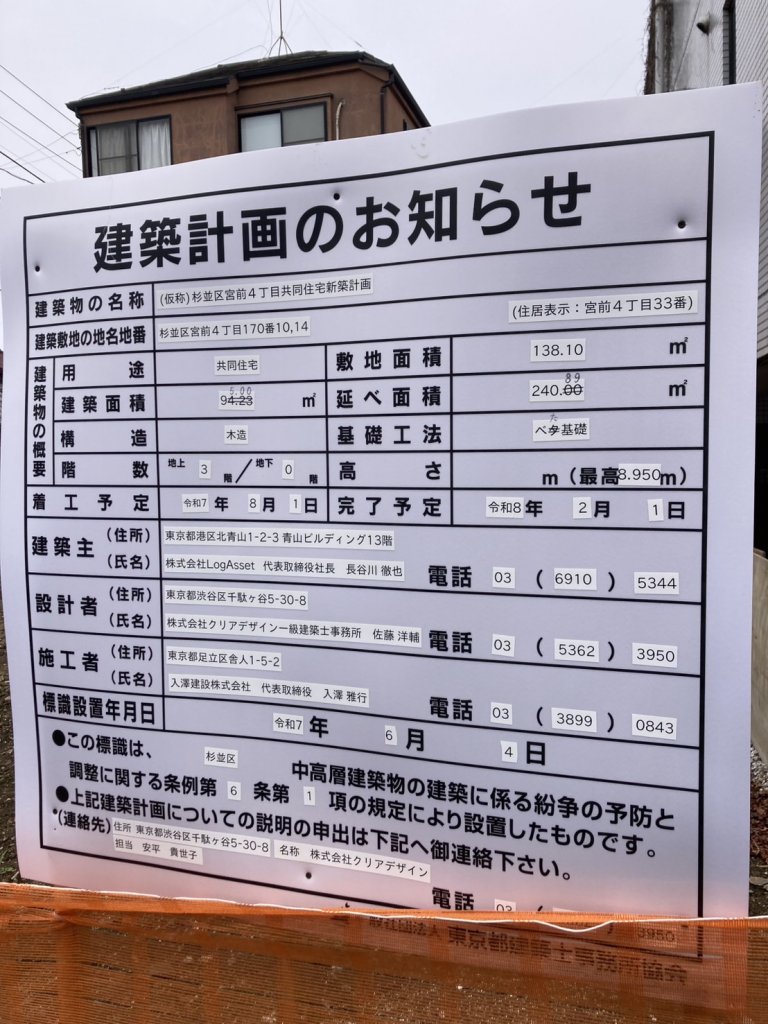 (仮称)杉並区宮前4丁目共同住宅新築計画 建築看板写真(2025年6月18日撮影)