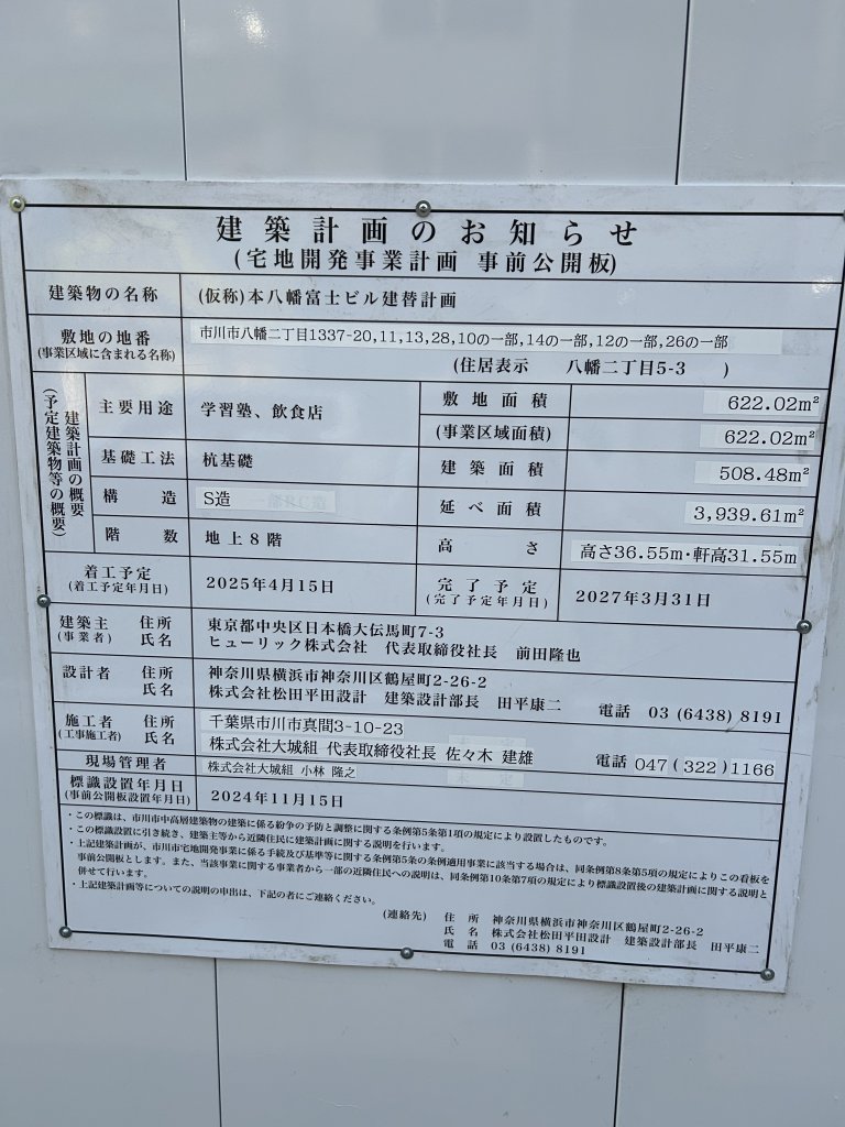 (仮称)本八幡富士ビル建替計画 建築看板写真（2025年6月28日撮影）