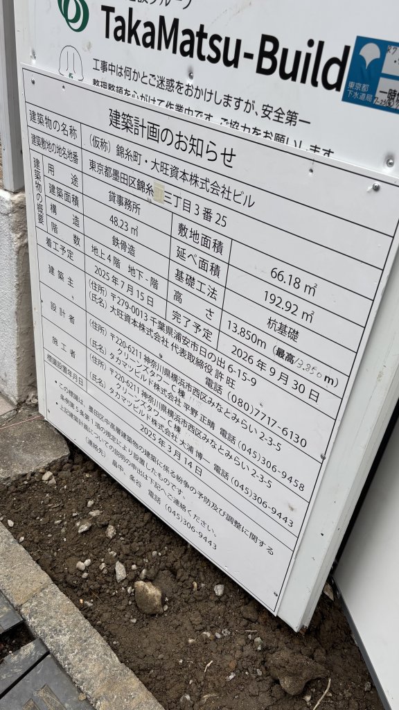 (仮称) 錦糸町・大旺資本株式会社ビル 建築看板写真(2025年7月15日撮影)