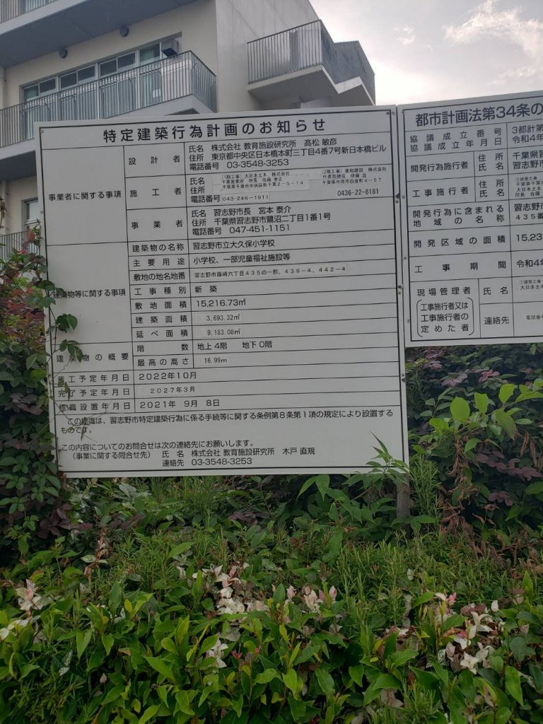 習志野市立大久保小学校 建築看板写真(2025年7月22日撮影)