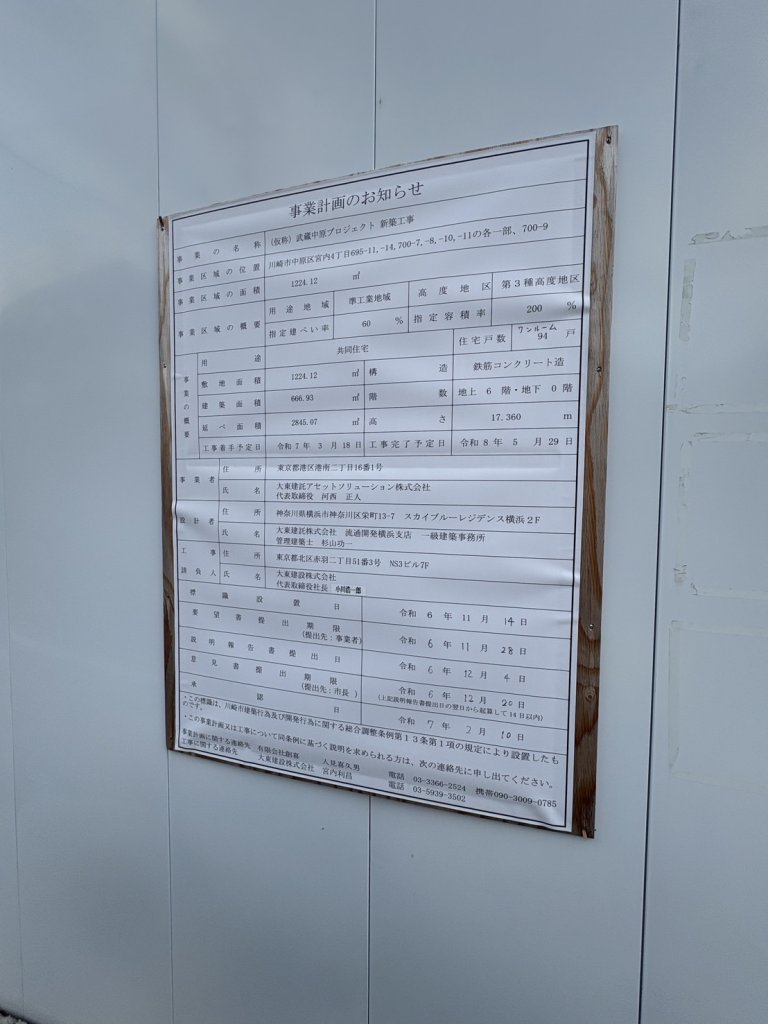 (仮称) 武蔵中原プロジェクト 新築工事 建築看板写真(2025年7月22日撮影)