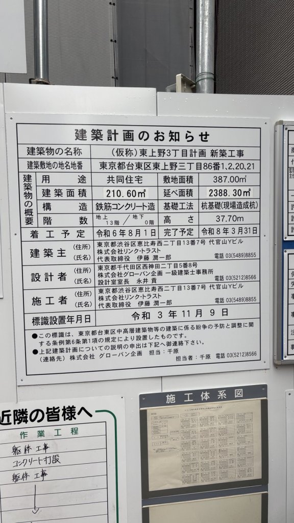 (仮称)東上野3丁目計画新築工事 建築看板写真（2025年8月12日撮影）
