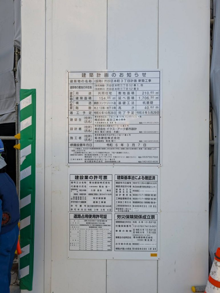 (仮称)渋谷区本町3丁目計画新築工事 建築看板写真(2025年8月12日撮影)