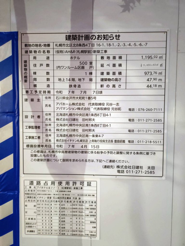 (仮称)AH&R(札幌駅前)新築工事 建築看板写真（2025年8月12日撮影）