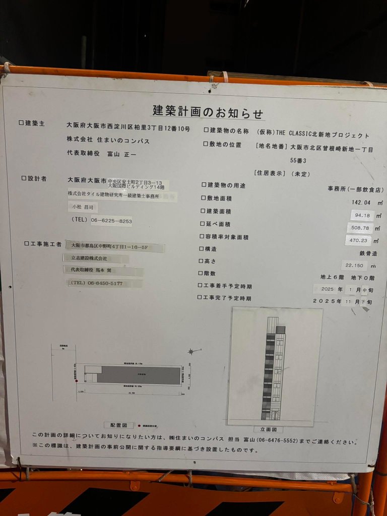 (仮称)THE CLASSIC北新地プロジェクト 建築看板写真(2025年8月15日撮影)