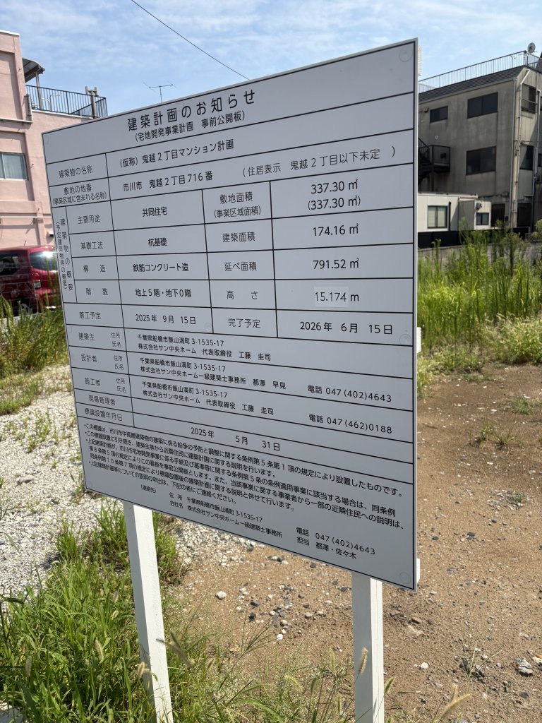 (仮称)鬼越2丁目マンション計画 建築看板写真（2025年8月21日撮影）
