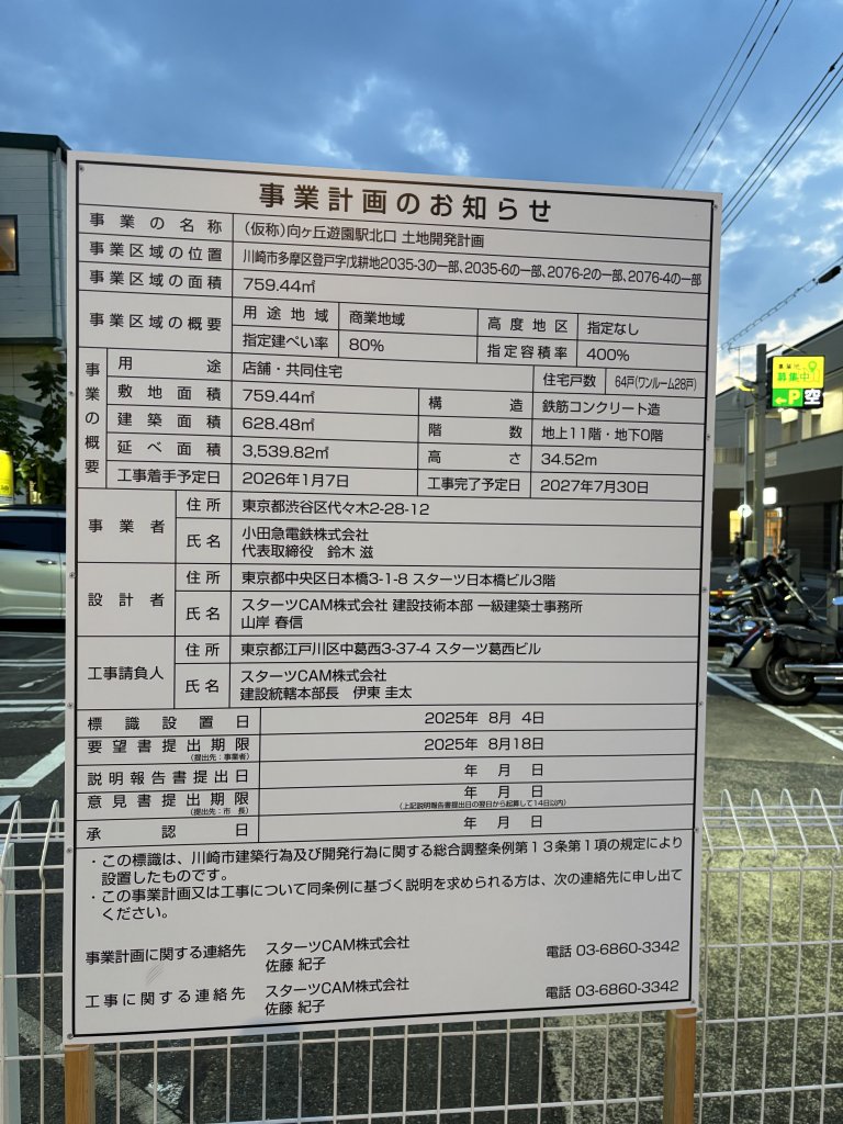 (仮称)向ヶ丘遊園駅北口 土地開発計画 建築看板写真（2025年8月25日撮影）