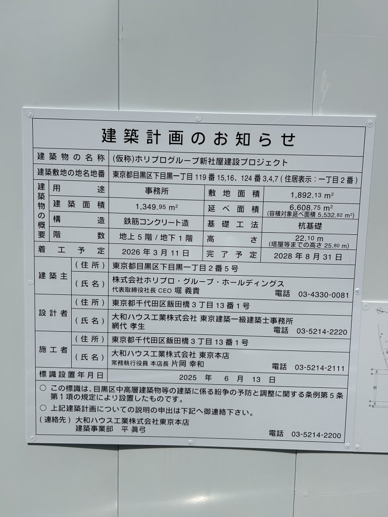 (仮称)ホリプログループ新社屋建設プロジェクト 建築看板写真(2025年8月26日撮影)