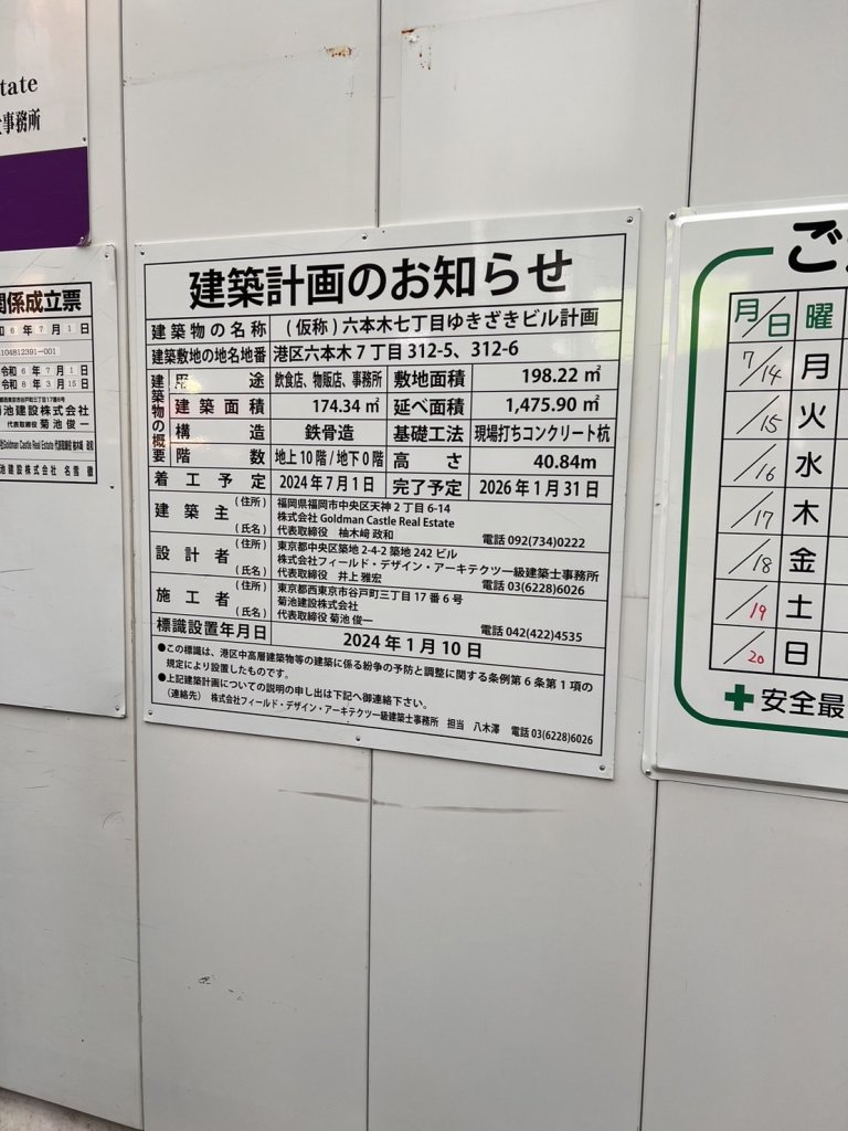 (仮称) 六本木七丁目ゆきざきビル計画 建築看板写真(2025年9月7日撮影)