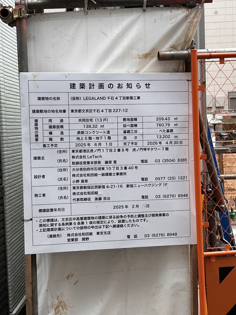 (仮称)LEGALAND 千石4丁目新築工事 建築看板写真（2025年9月7日撮影）