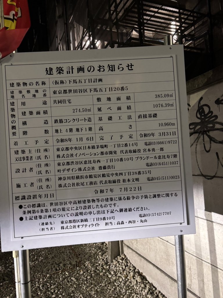 (仮称)下馬五丁目計画 建築看板写真(2025年9月8日撮影)