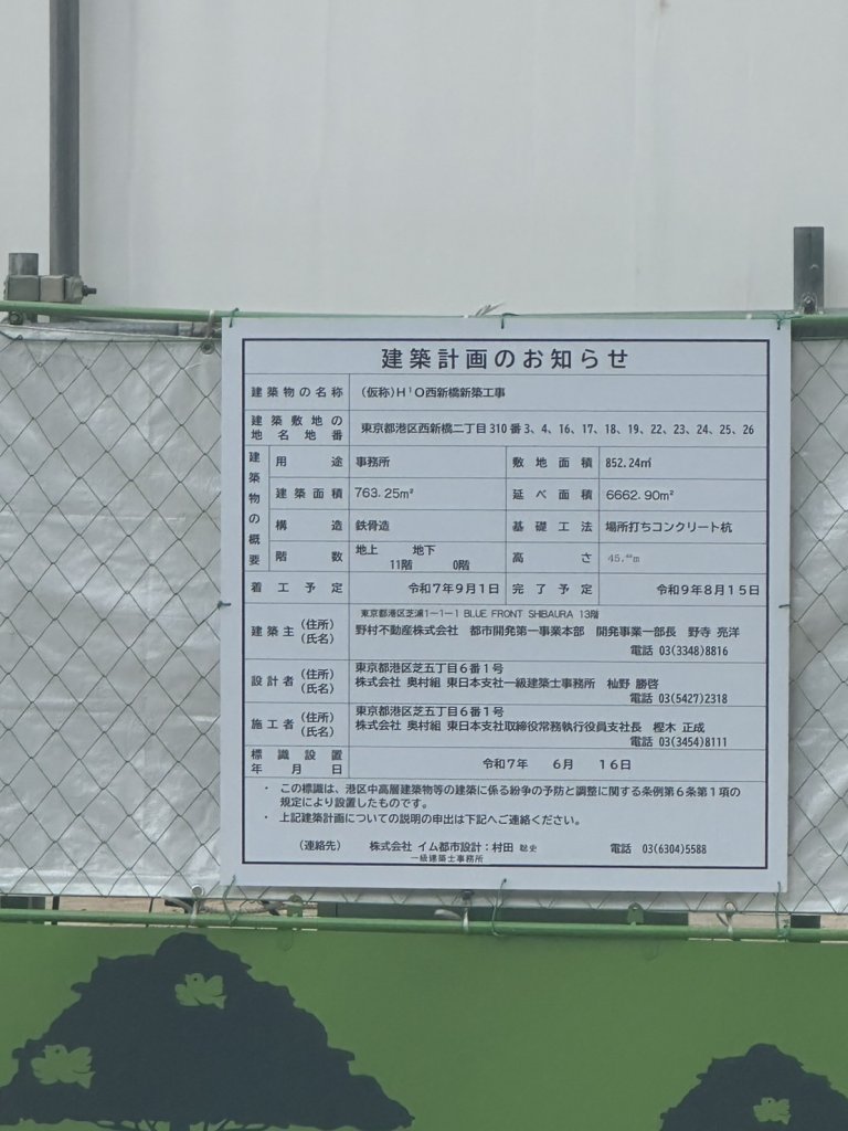 (仮称)H¹O西新橋新築工事 建築看板写真（2025年9月19日撮影）