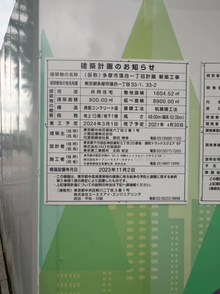 (仮称)多摩市落合一丁目計画新築工事 建築看板写真（2025年9月22日撮影）