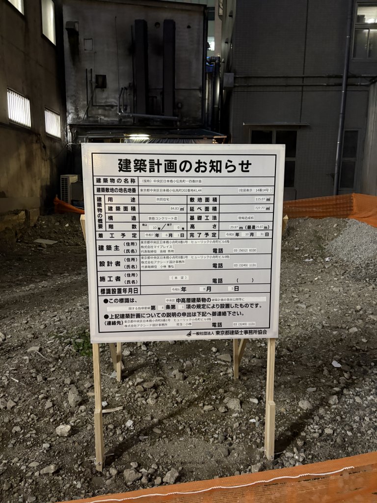 (仮称) 中央区日本橋小伝馬町一四番計画 建築看板写真(2025年10月1日撮影)