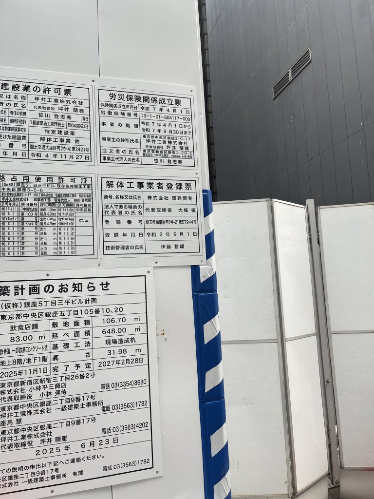 (仮称)銀座5丁目三平ビル計画 新築工事現場の全景写真(2025年10月10日撮影)