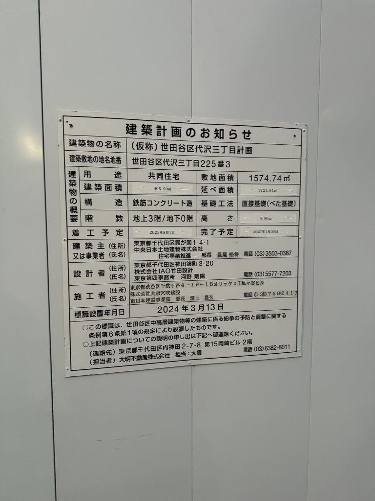 (仮称) 世田谷区代沢三丁目計画 建築看板写真(2025年10月24日撮影)