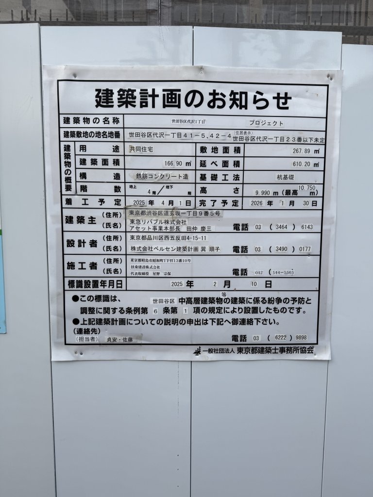 世田谷区代沢1丁目 プロジェクト 建築看板写真(2025年11月1日撮影)