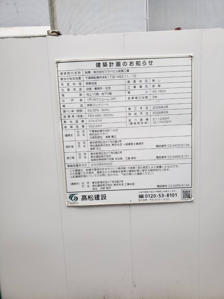 船橋・株式会社ウラベビル新築工事 建築看板写真(2025年11月8日撮影)