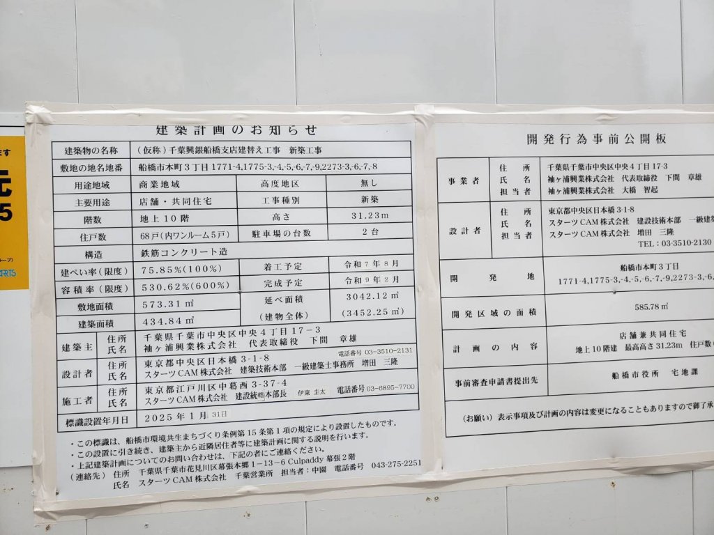 (仮称)千葉興銀船橋支店建替え工事 新築工事 建築看板写真（2025年11月8日撮影）