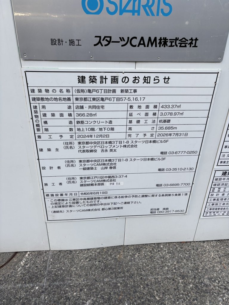(仮称)亀戸6丁目計画 新築工事 建築看板写真（2025年11月21日撮影）
