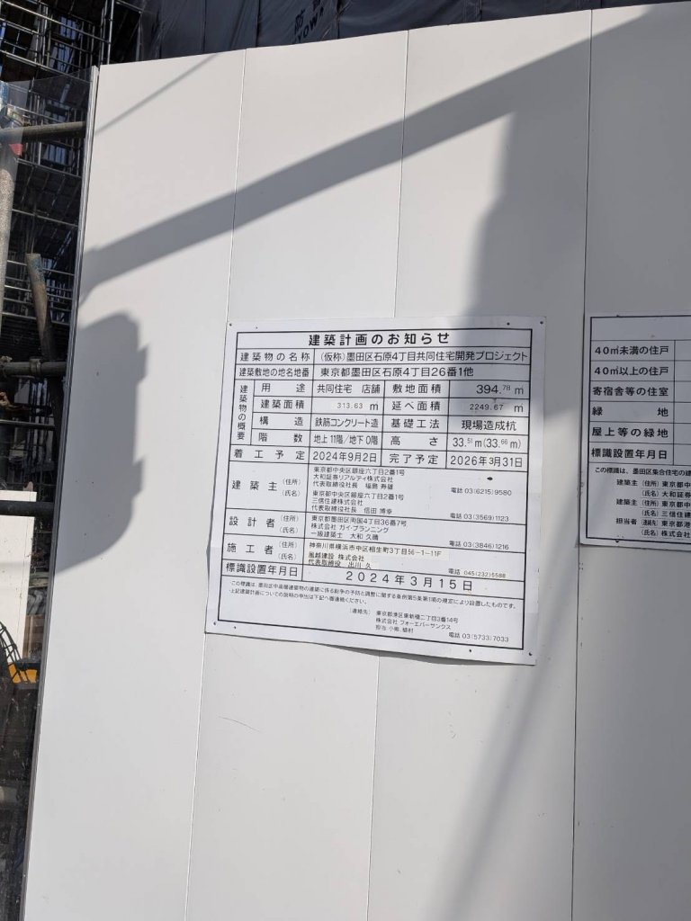 (仮称)墨田区石原4丁目共同住宅開発プロジェクト 新築工事現場の全景写真（2025年11月27日撮影）