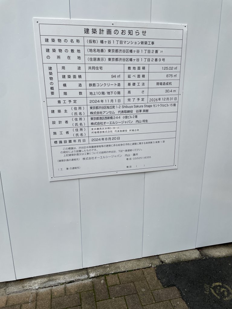 (仮称) 幡ヶ谷１丁目マンション新築工事 建築看板写真（2025年11月29日撮影）