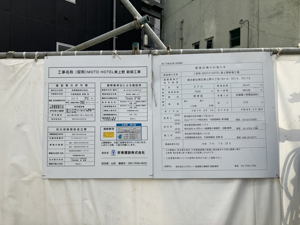 (仮称) MOTO HOTEL東上野 新築工事 建築看板写真(2025年12月2日撮影)