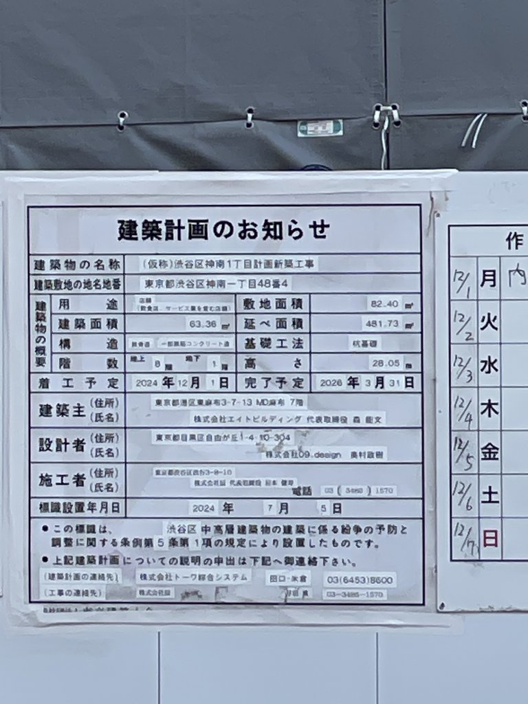(仮称)渋谷区神南1丁目計画新築工事 建築看板写真（2025年12月5日撮影）