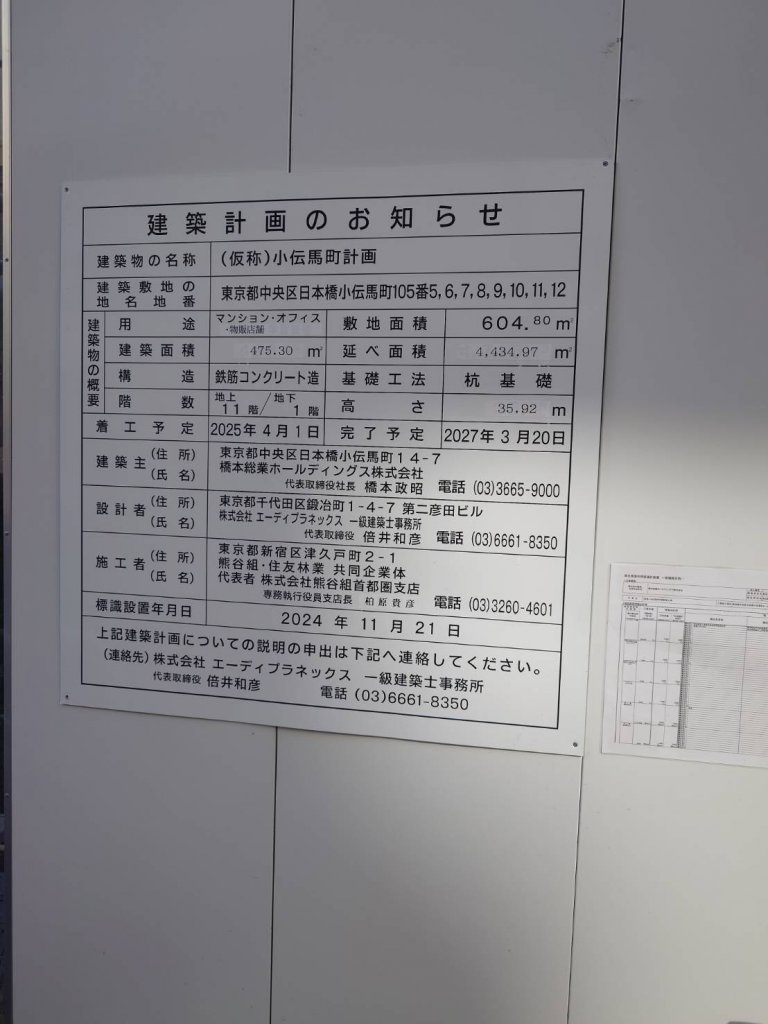 (仮称)小伝馬町計画 建築看板写真（2025年12月6日撮影）