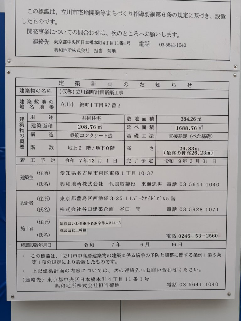 (仮称)立川錦町計画新築工事 建築看板写真(2025年12月14日撮影)