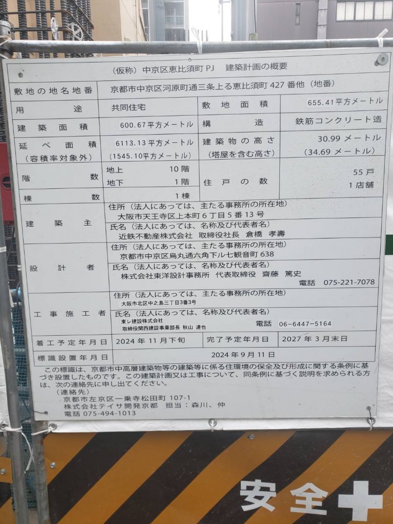 （仮称）中京区恵比須町PJ建築計画の概要 建築看板写真（2025年12月14日撮影）