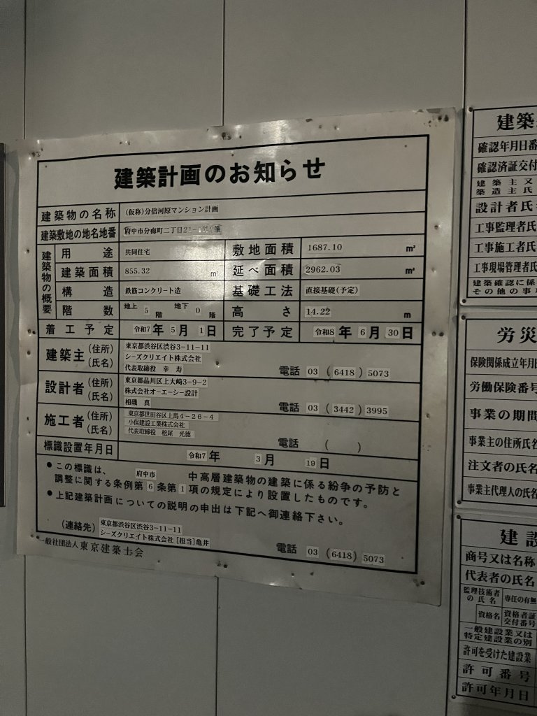 (仮称)分倍河原マンション計画 建築看板写真（2025年12月21日撮影）