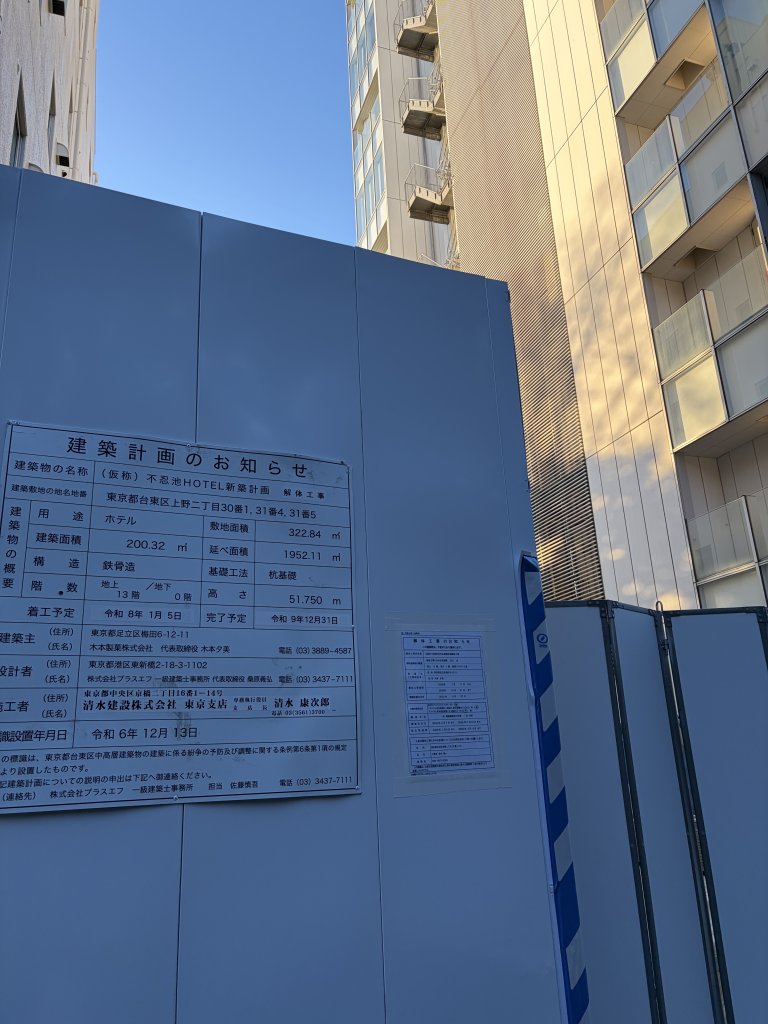 (仮称) 不忍池HOTEL新築計画 解体工事 新築工事現場の全景写真（2026年1月3日撮影）