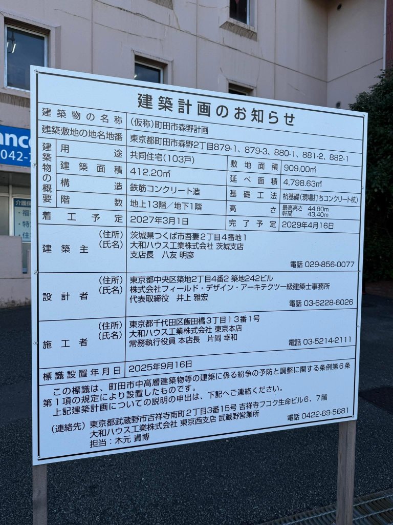 (仮称)町田市森野計画 建築看板写真（2026年1月5日撮影）
