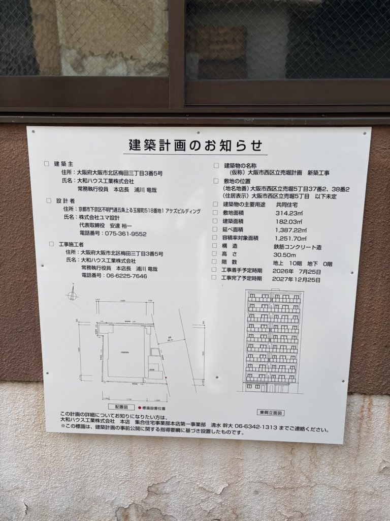 （仮称）大阪市西区立売堀計画 新築工事 建築看板写真（2026年1月6日撮影）