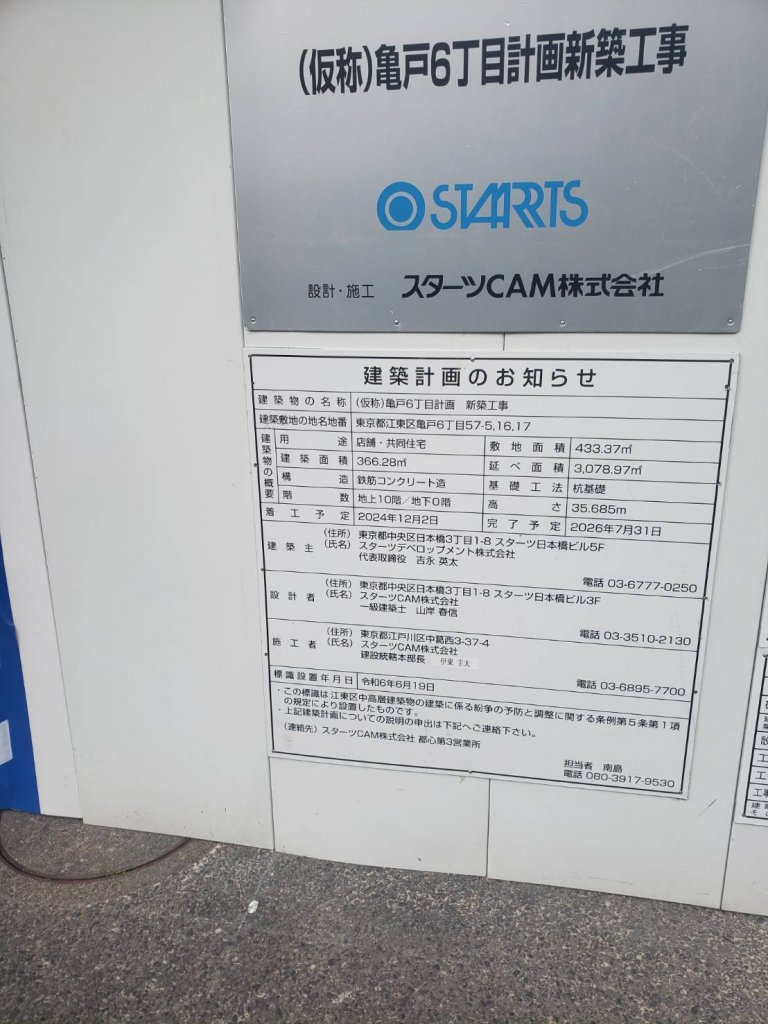 (仮称)亀戸6丁目計画 新築工事 建築看板写真（2026年1月6日撮影）