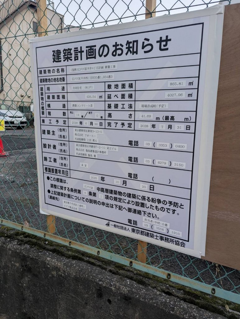 (仮称)江戸川区平井4丁目計画 新築工事 建築看板写真（2026年1月6日撮影）