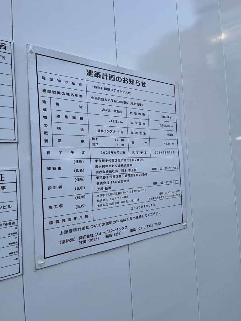 (仮称）銀座8丁目ホテルPJ 建築看板写真（2026年1月25日撮影）