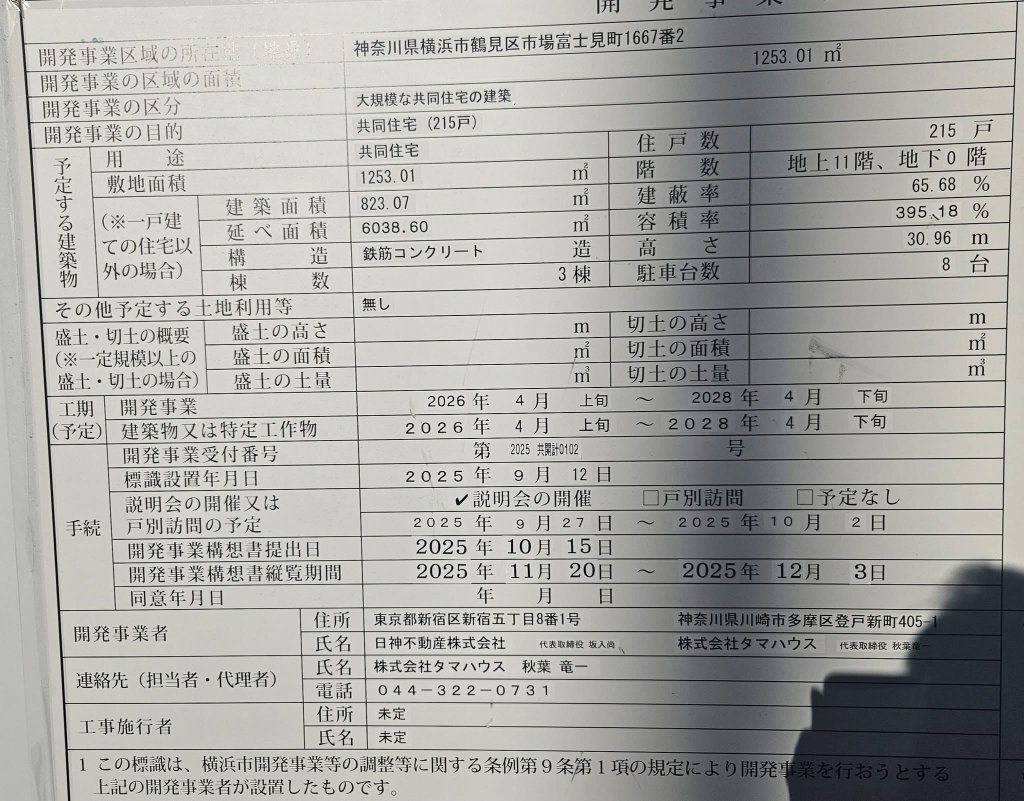 （仮称）鶴見区市場富士見町建築計画 建築看板写真（2026年1月31日撮影）
