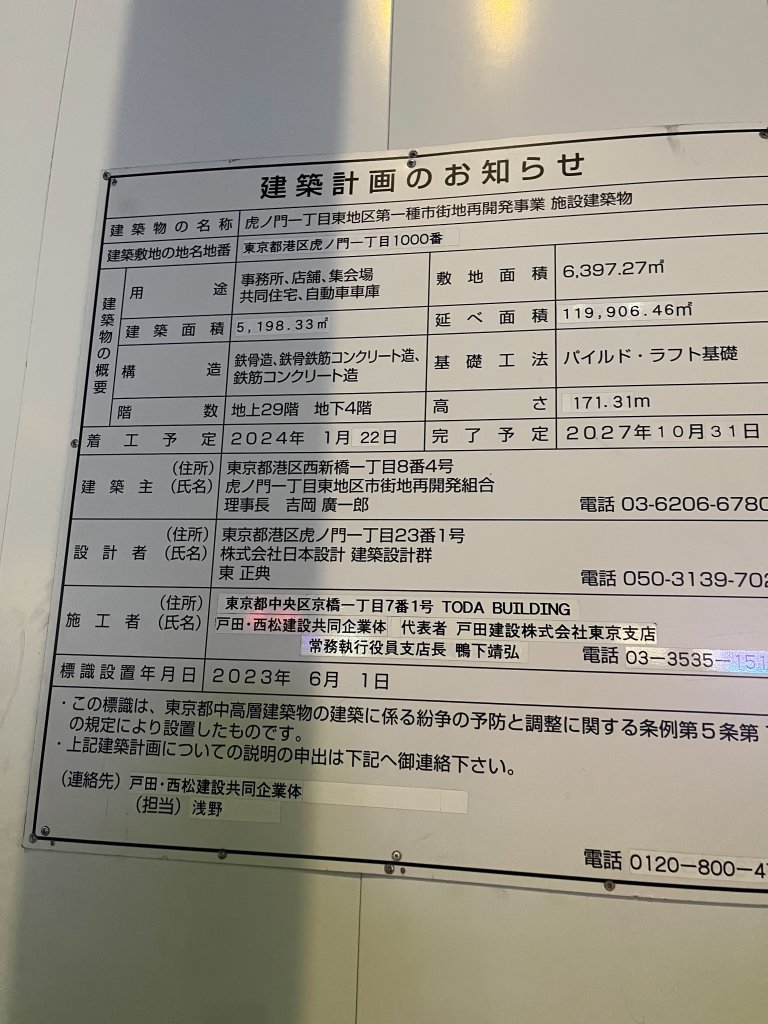 虎ノ門一丁目東地区第一種市街地再開発事業 施設建築物 建築看板写真（2026年2月1日撮影）