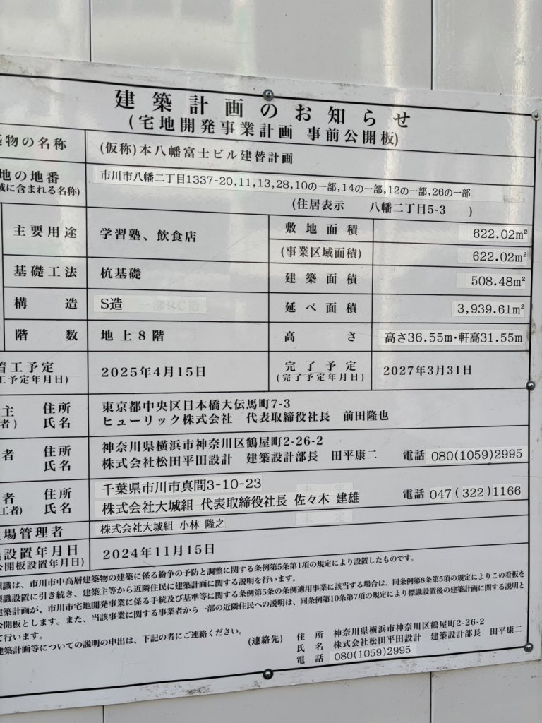 (仮称)本八幡富士ビル建替計画 建築看板写真（2026年2月2日撮影）