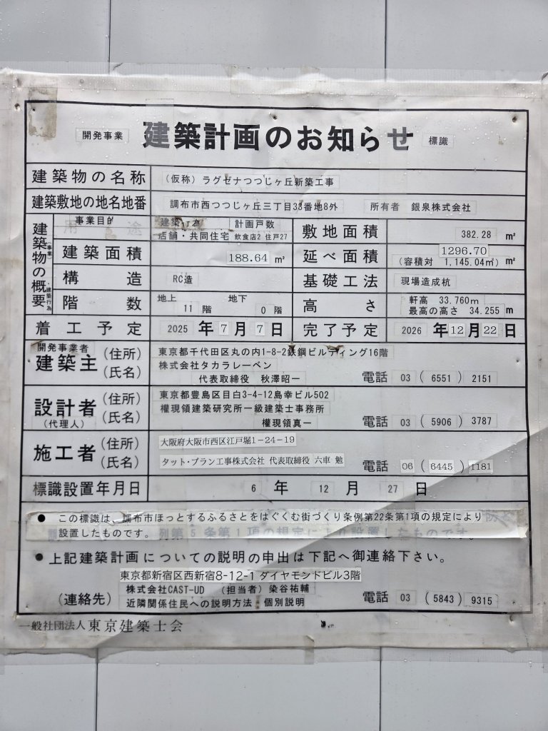 (仮称) ラグゼナつつじヶ丘新築工事 建築看板写真（2026年2月28日撮影）
