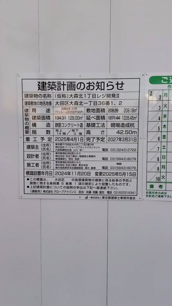 (仮称）大森北1丁目レジ開発Ⅱ 建築看板写真（2026年2月28日撮影）