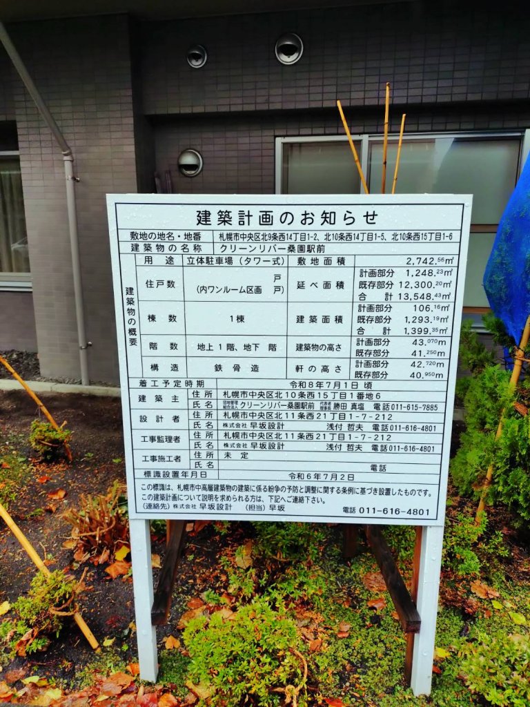 クリーンリバー桑園駅前 建築看板写真（2026年2月28日撮影）