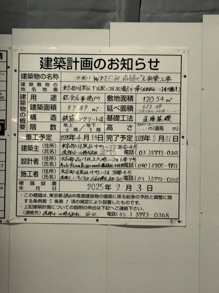 (仮称) W. MEGURO 店舗ビル新築工事 建築看板写真（2026年3月7日撮影）