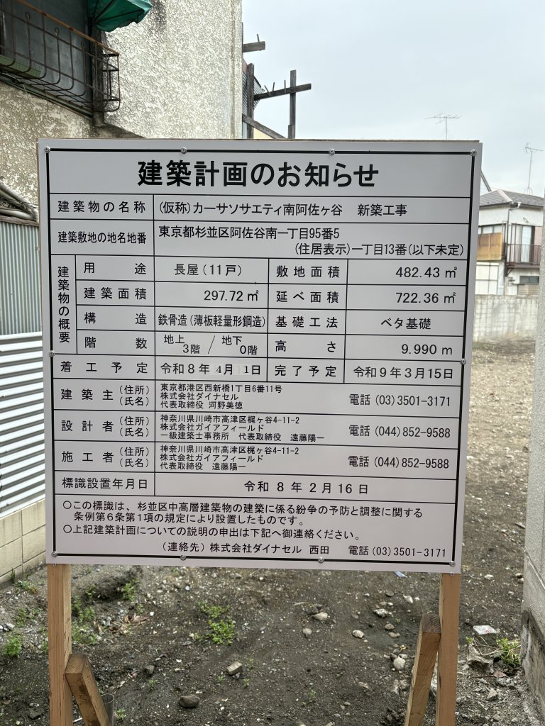(仮称)カーサソサエティ南阿佐ヶ谷 新築工事 建築看板写真（2026年3月25日撮影）